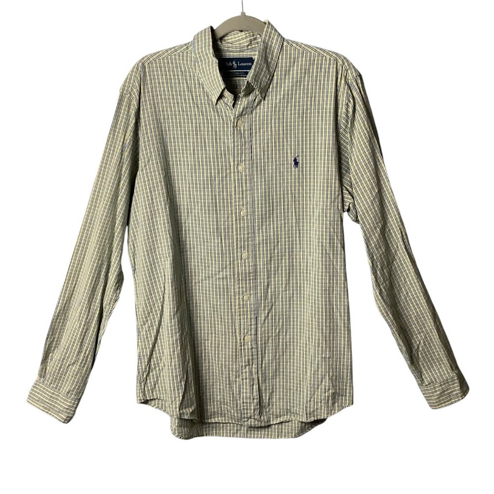 Ralph Lauren Men Custom Fit Long Sleeve Shirt Size 16.5/36-37 Yellow Blue Checks